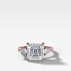 Three Stone Engagement Ring With Kite Side Stones and Asscher Cut Diamond