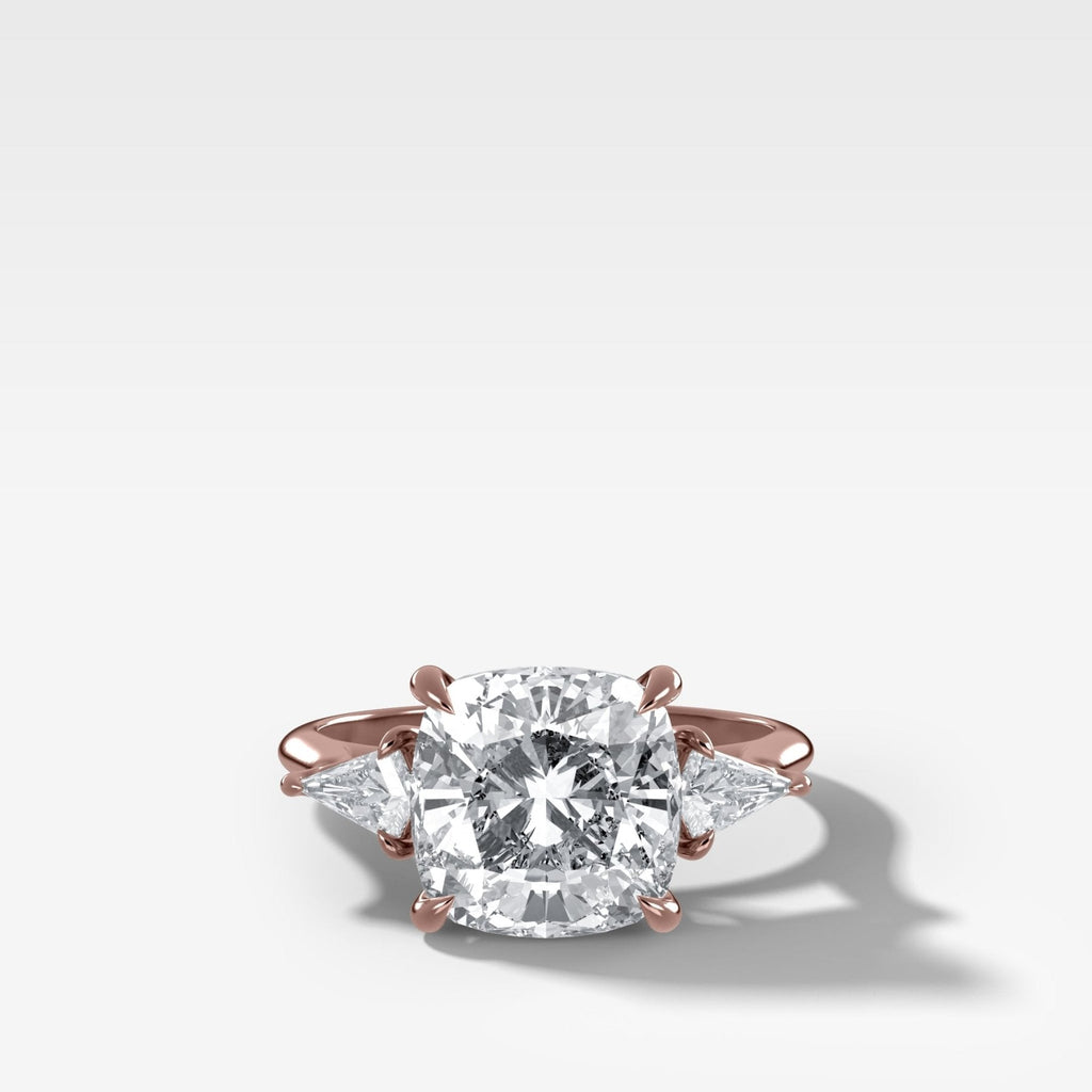 Three Stone Engagement Ring With Kite Side Stones and Cushion Cut Diamond