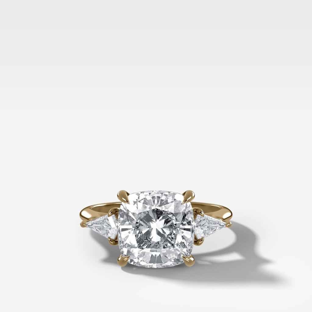 Three Stone Engagement Ring With Kite Side Stones and Cushion Cut Diamond