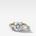 Three Stone Engagement Ring With Kite Side Stones and Cushion Cut Diamond