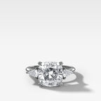 Three Stone Engagement Ring With Kite Side Stones and Cushion Cut Diamond
