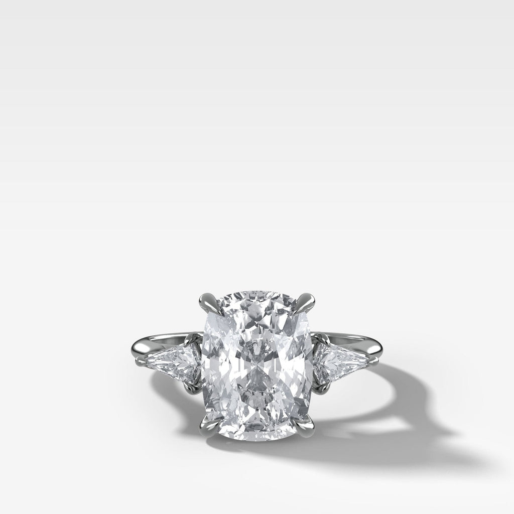 Three Stone Engagement Ring With Kite Side Stones and Elongated Cushion Cut Diamond