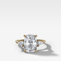 Three Stone Engagement Ring With Kite Side Stones and Elongated Cushion Cut Diamond