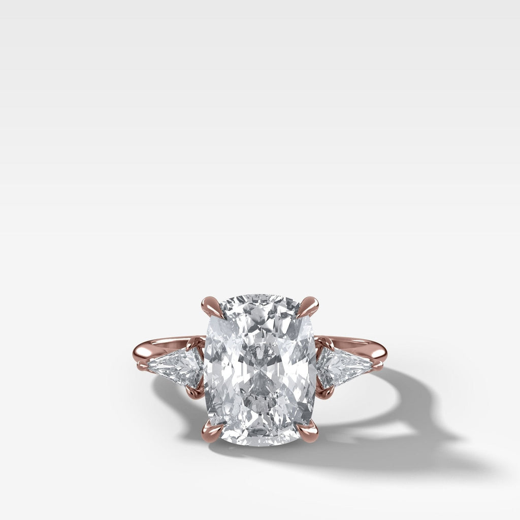 Three Stone Engagement Ring With Kite Side Stones and Elongated Cushion Cut Diamond