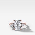 Three Stone Engagement Ring With Kite Side Stones and Elongated Cushion Cut Diamond