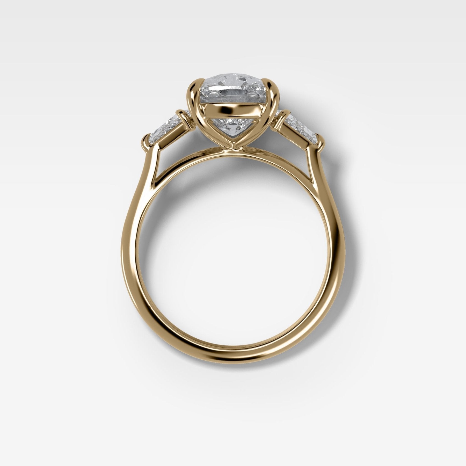 Three Stone Engagement Ring With Kite Side Stones and Elongated Cushion Cut Diamond