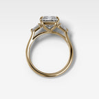 Three Stone Engagement Ring With Kite Side Stones and Elongated Radiant Cut Diamond
