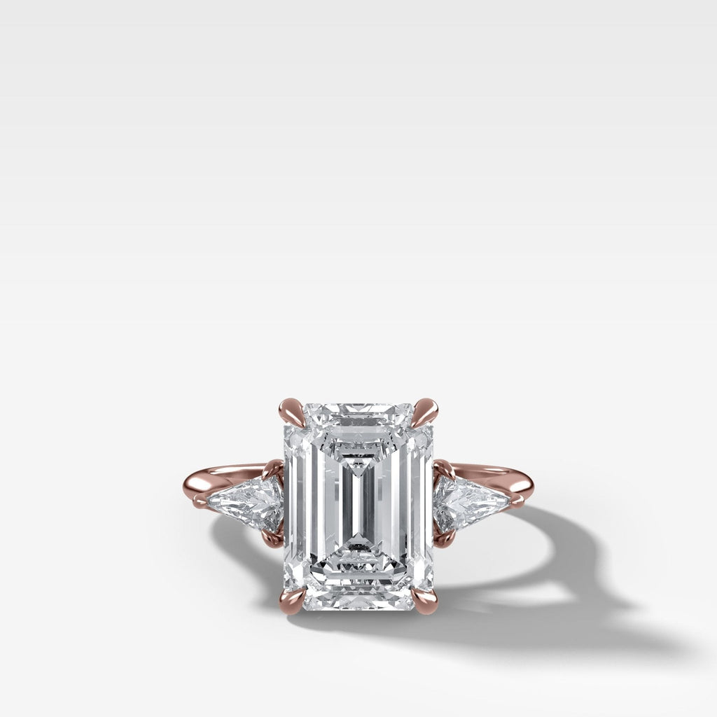 Three Stone Engagement Ring With Kite Side Stones and Emerald Cut Diamond