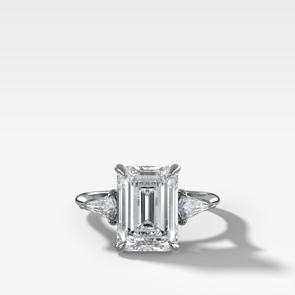 Three Stone Engagement Ring With Kite Side Stones and Emerald Cut Diamond