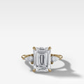 Three Stone Engagement Ring With Kite Side Stones and Emerald Cut Diamond
