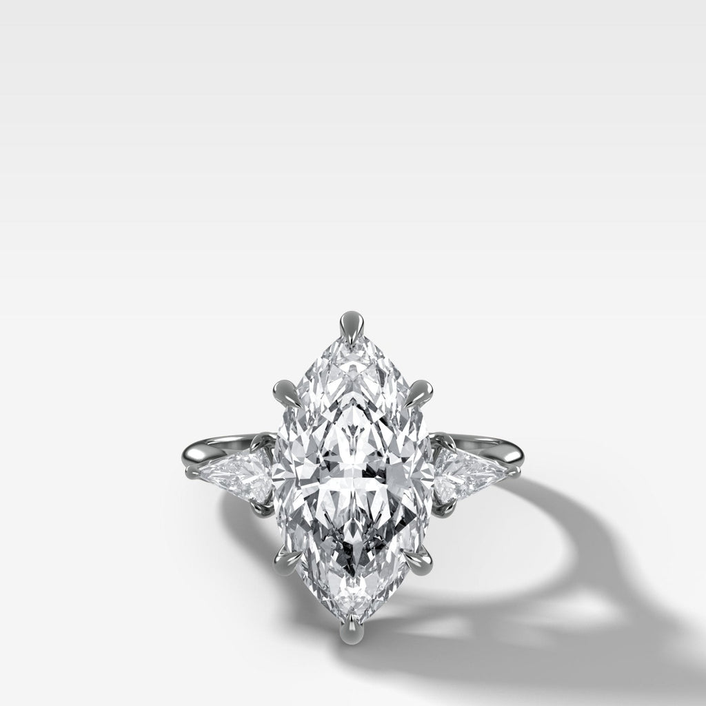 Three Stone Engagement Ring With Kite Side Stones and Marquise Cut Diamond
