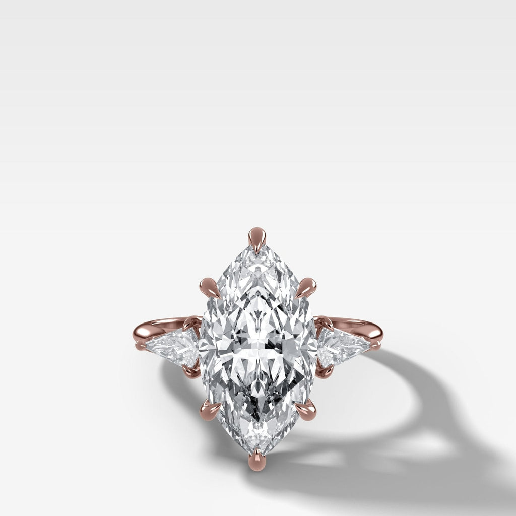 Three Stone Engagement Ring With Kite Side Stones and Marquise Cut Diamond