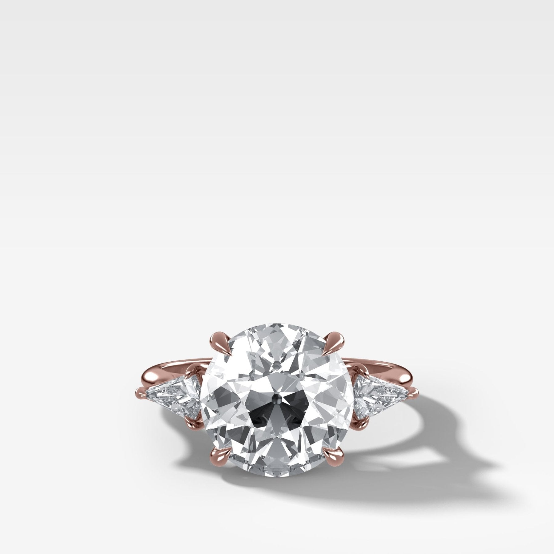 Three Stone Engagement Ring With Kite Side Stones and Old Euro Cut Diamond