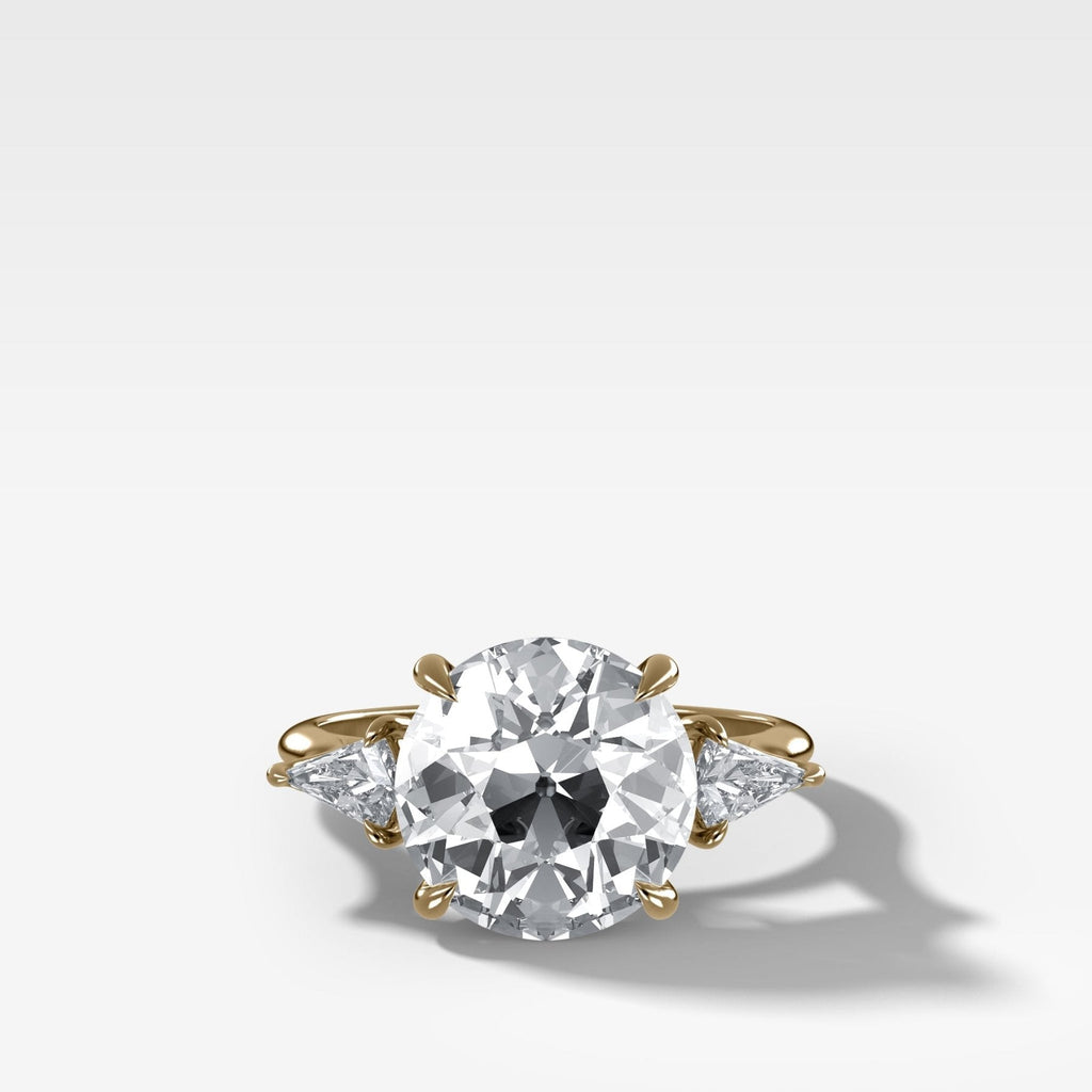 Three Stone Engagement Ring With Kite Side Stones and Old Euro Cut Diamond
