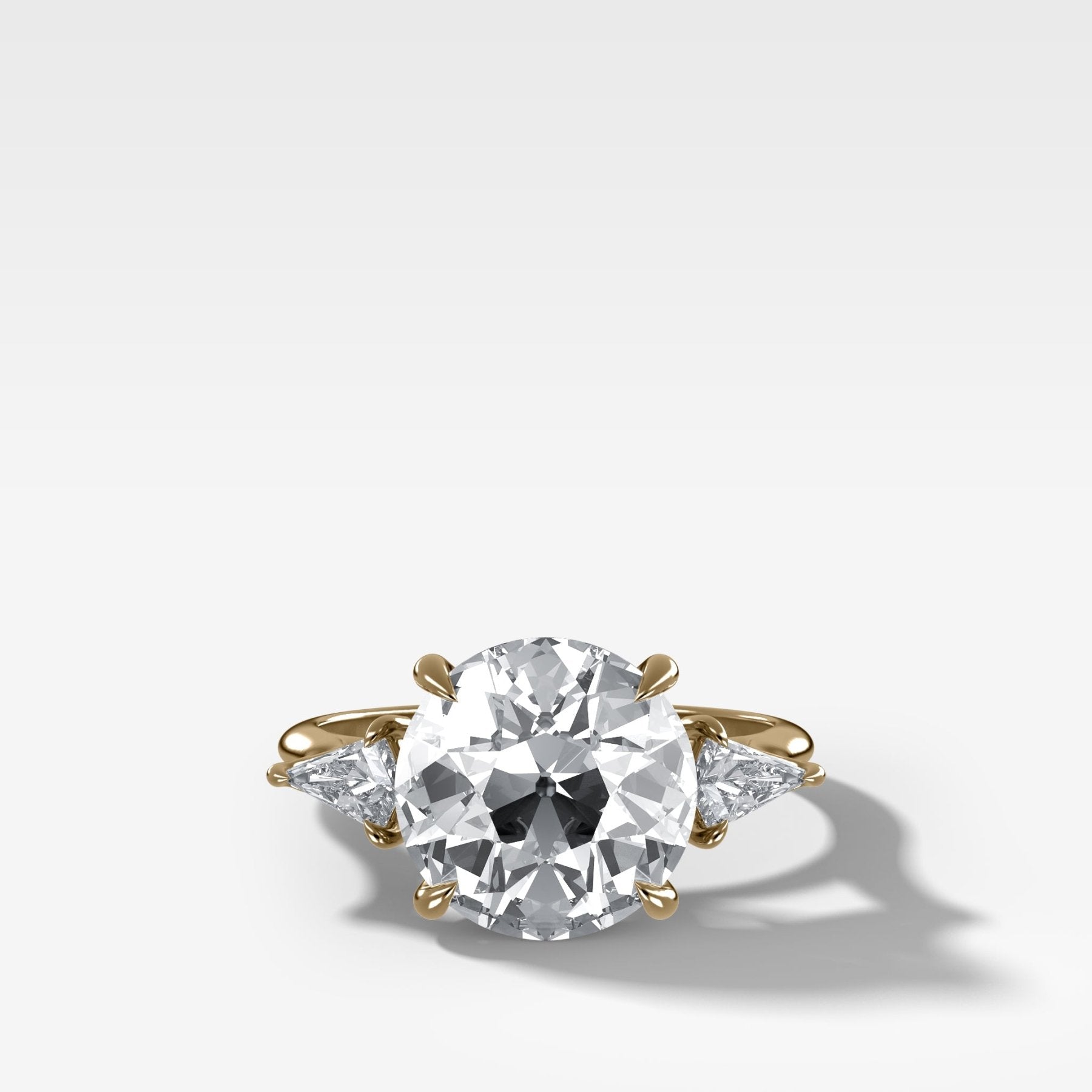 Three Stone Engagement Ring With Kite Side Stones and Old Euro Cut Diamond