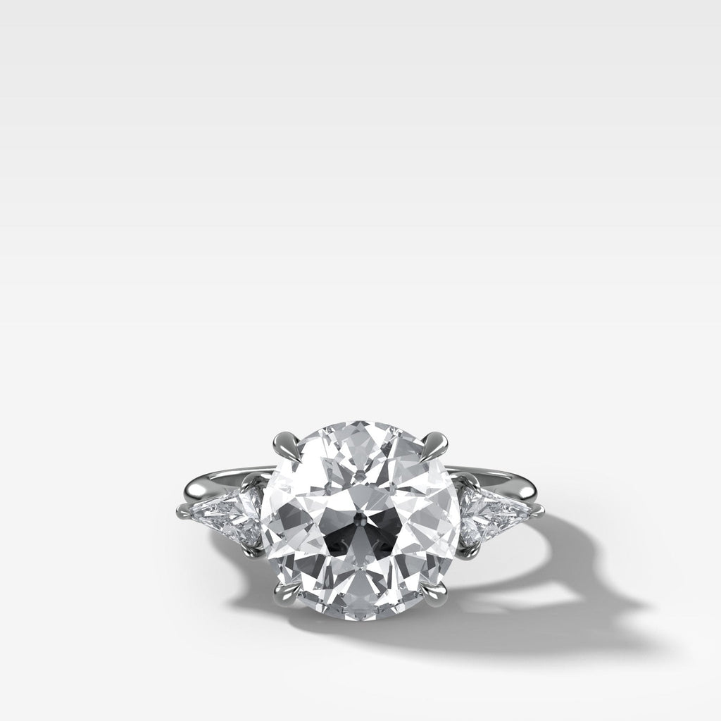 Three Stone Engagement Ring With Kite Side Stones and Old Euro Cut Diamond