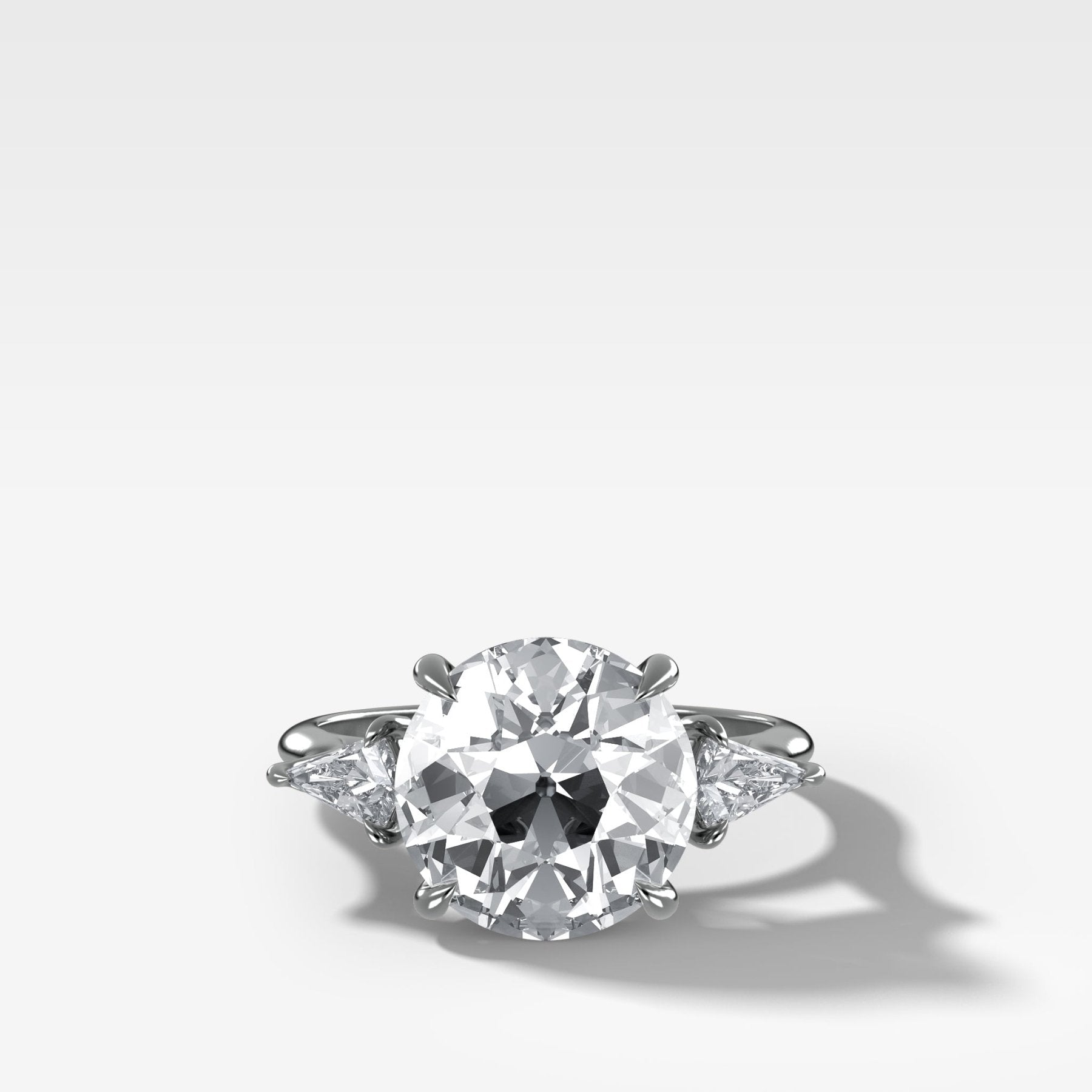 Three Stone Engagement Ring With Kite Side Stones and Old Euro Cut Diamond