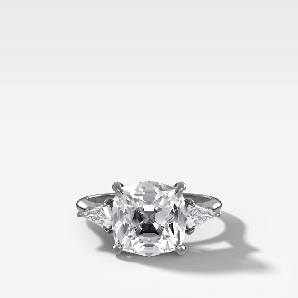 Three Stone Engagement Ring With Kite Side Stones and Old Mine Cut Diamond