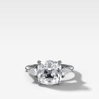 Three Stone Engagement Ring With Kite Side Stones and Old Mine Cut Diamond