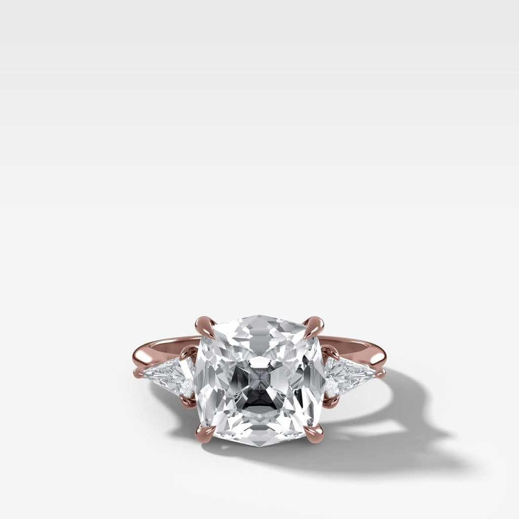 Three Stone Engagement Ring With Kite Side Stones and Old Mine Cut Diamond