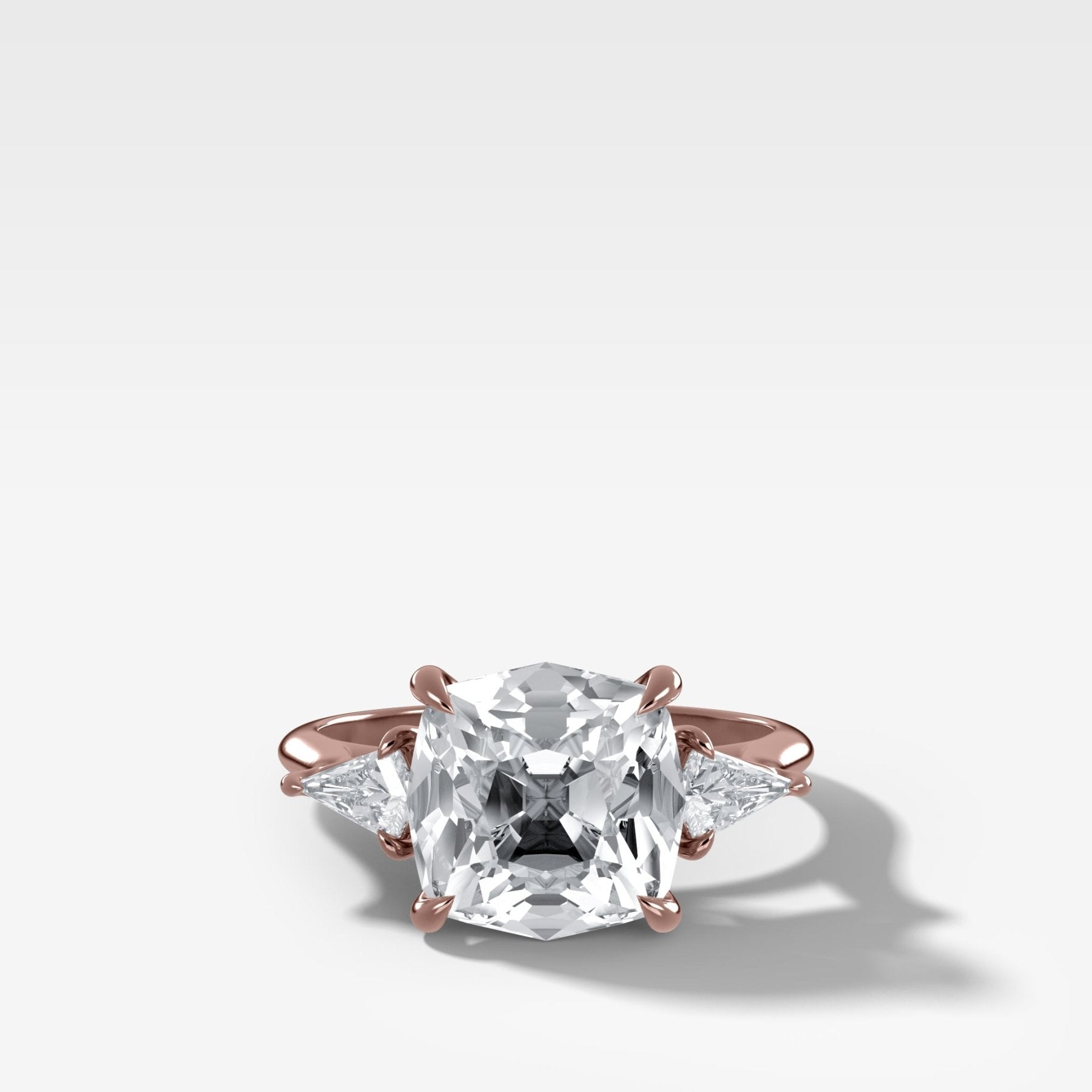 Three Stone Engagement Ring With Kite Side Stones and Old Mine Cut Diamond