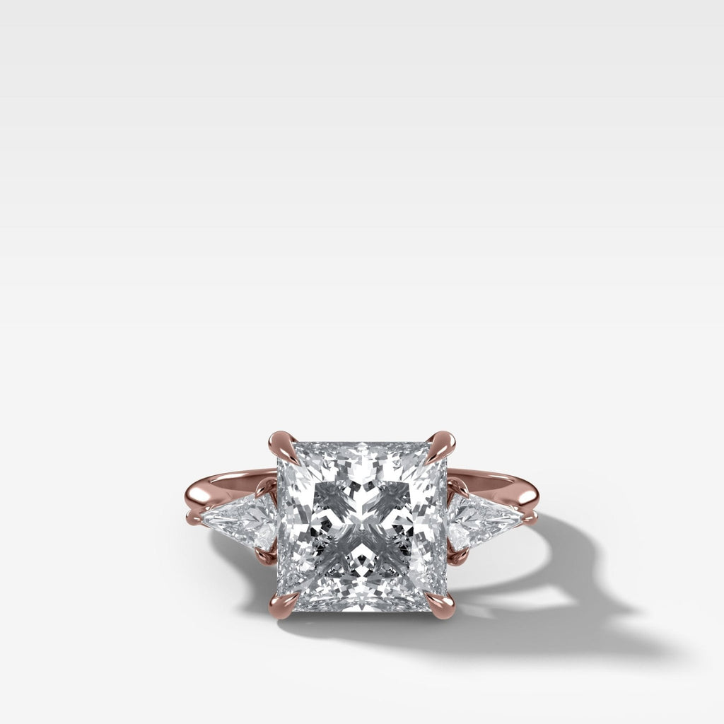 Three Stone Engagement Ring With Kite Side Stones and Princess Cut Diamond