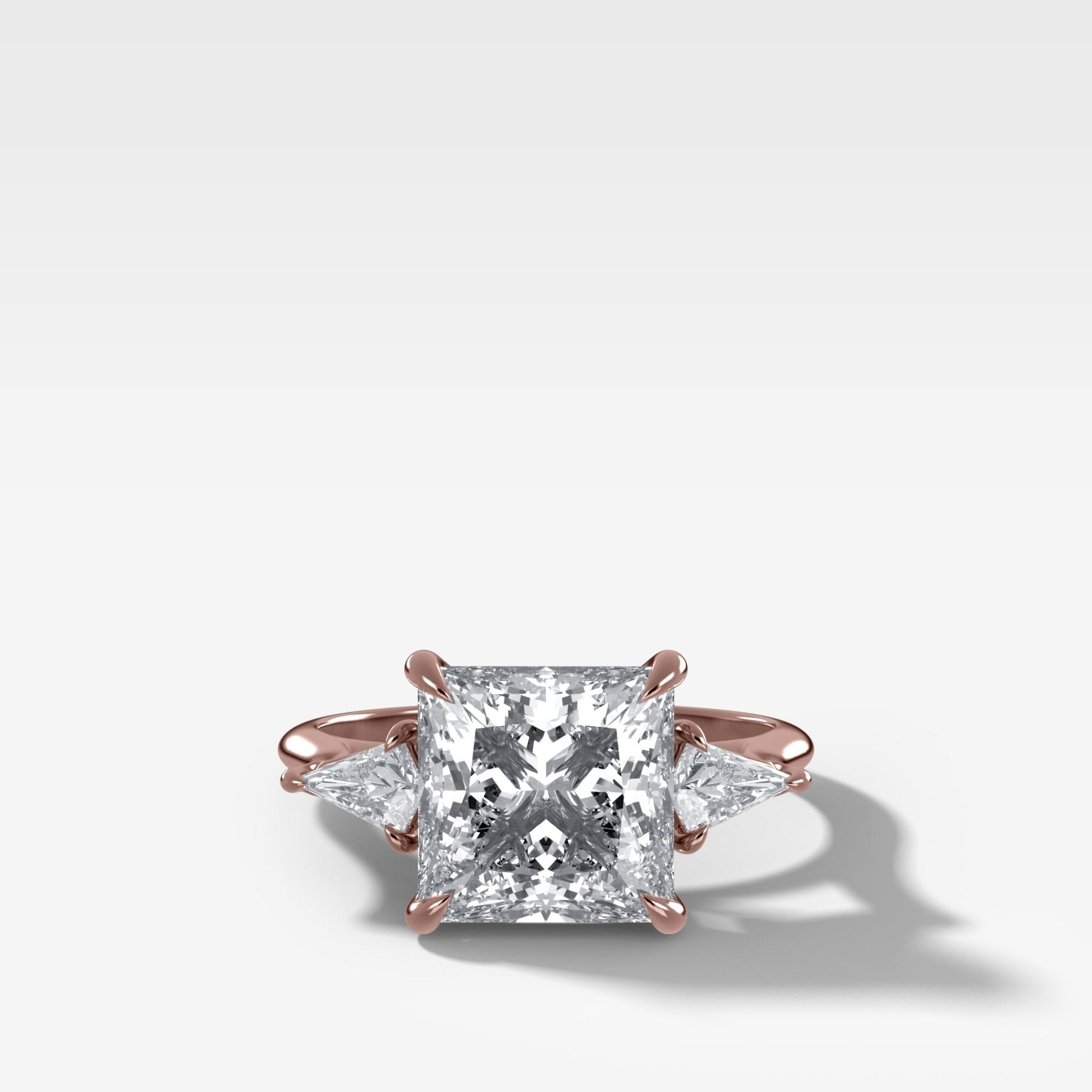 Three Stone Engagement Ring With Kite Side Stones and Princess Cut Diamond