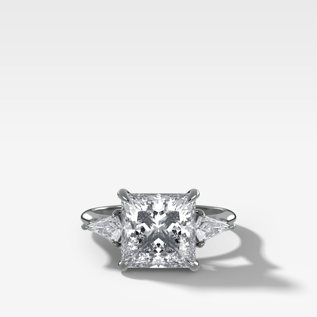 Three Stone Engagement Ring With Kite Side Stones and Princess Cut Diamond