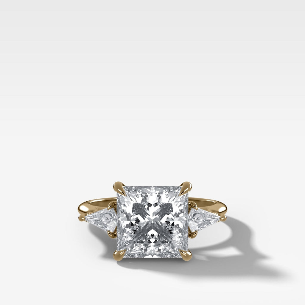 Three Stone Engagement Ring With Kite Side Stones and Princess Cut Diamond