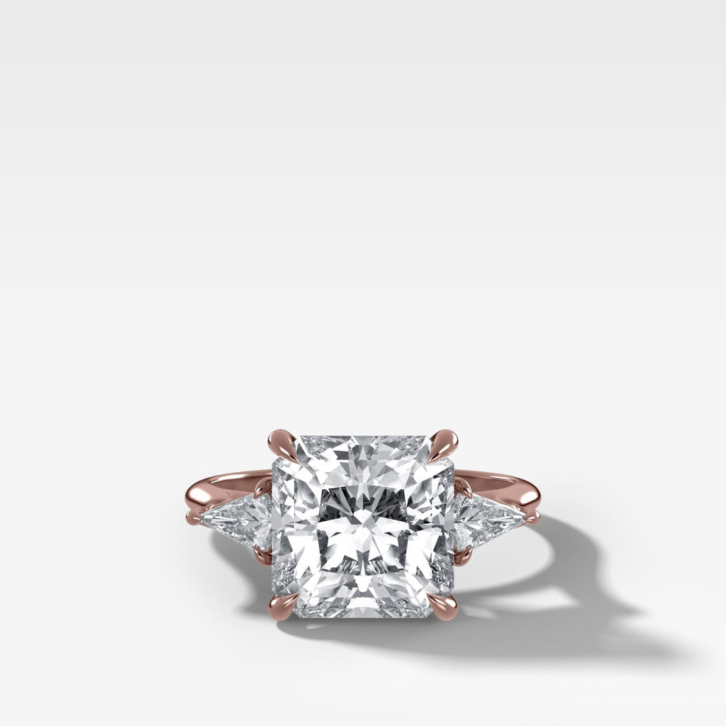 Three Stone Engagement Ring With Kite Side Stones and Square Radiant Cut Diamond