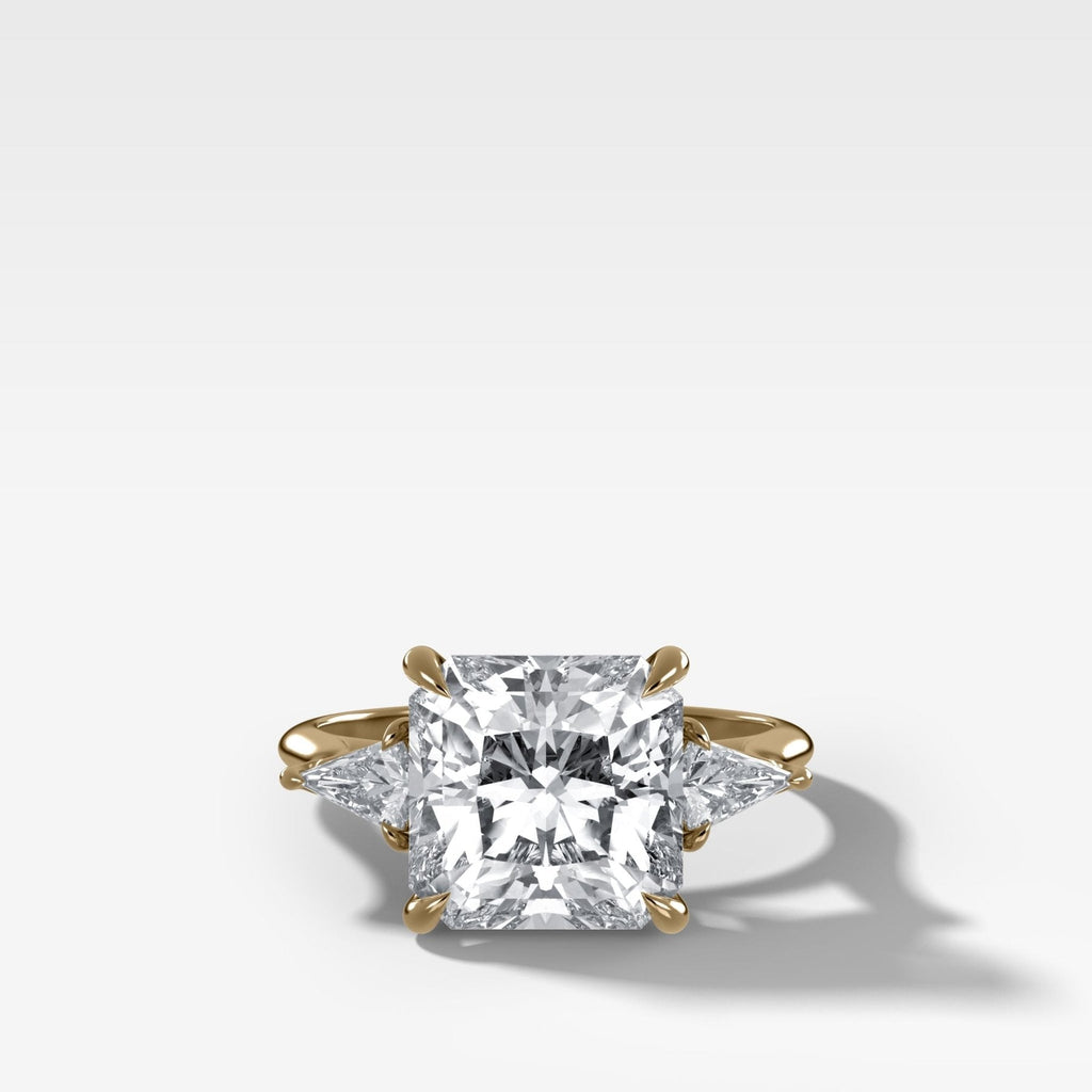 Three Stone Engagement Ring With Kite Side Stones and Square Radiant Cut Diamond
