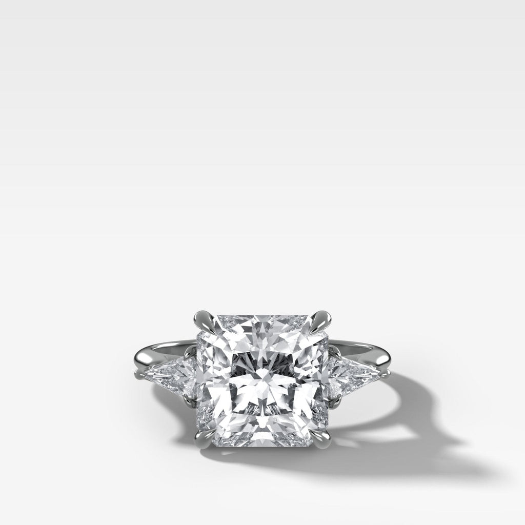 Three Stone Engagement Ring With Kite Side Stones and Square Radiant Cut Diamond