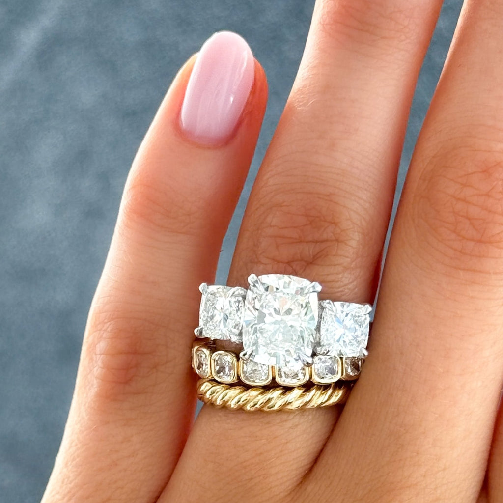 Three Stone Engagement Ring With Mixed Cushion Cut Diamonds