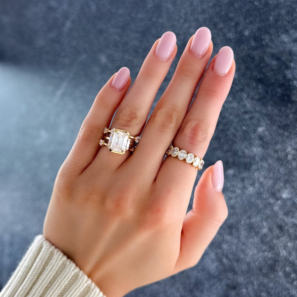 Three Stone Half Bezel Engagement Ring with Mini Baguette Side Stones and Emerald Cut Diamond No.1