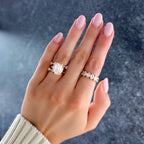 Three Stone Half Bezel Engagement Ring with Mini Baguette Side Stones and Emerald Cut Diamond No.1