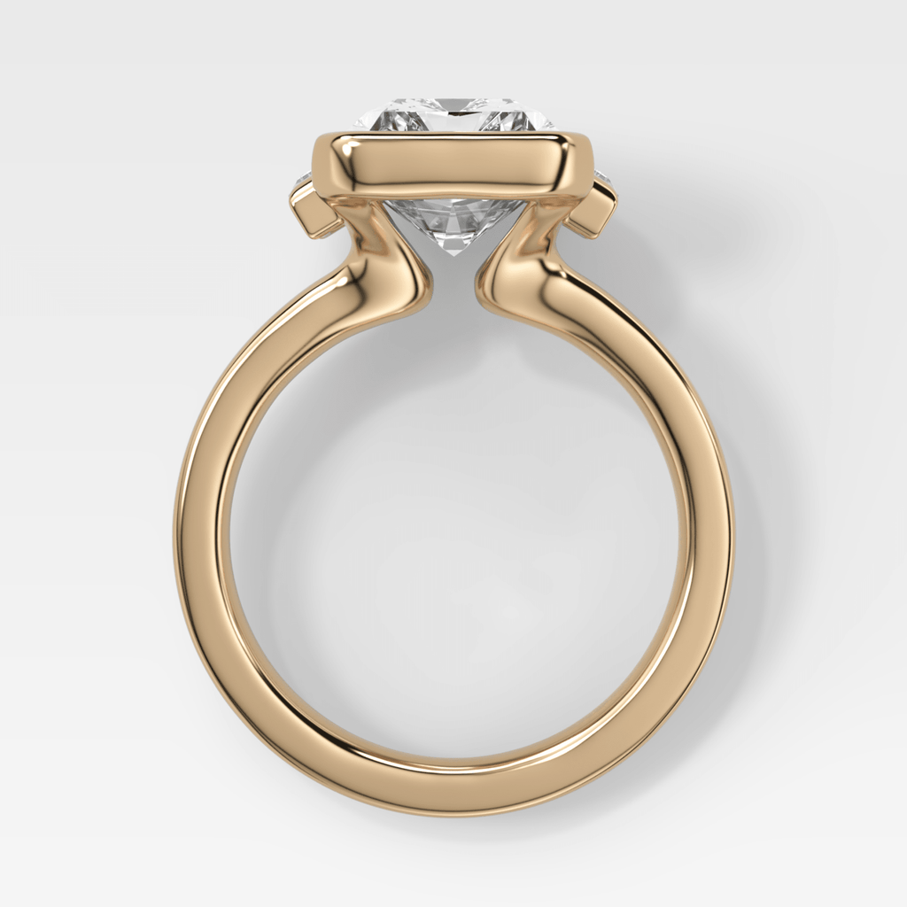 Three Stone Half Bezel Engagement Ring with Mini Baguette Side Stones and Emerald Cut Diamond No.1