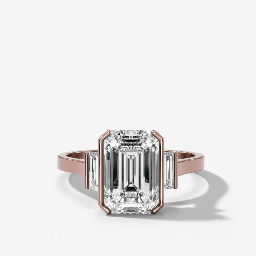 Three Stone Half Bezel Engagement Ring with Mini Baguette Side Stones and Emerald Cut Diamond No.2