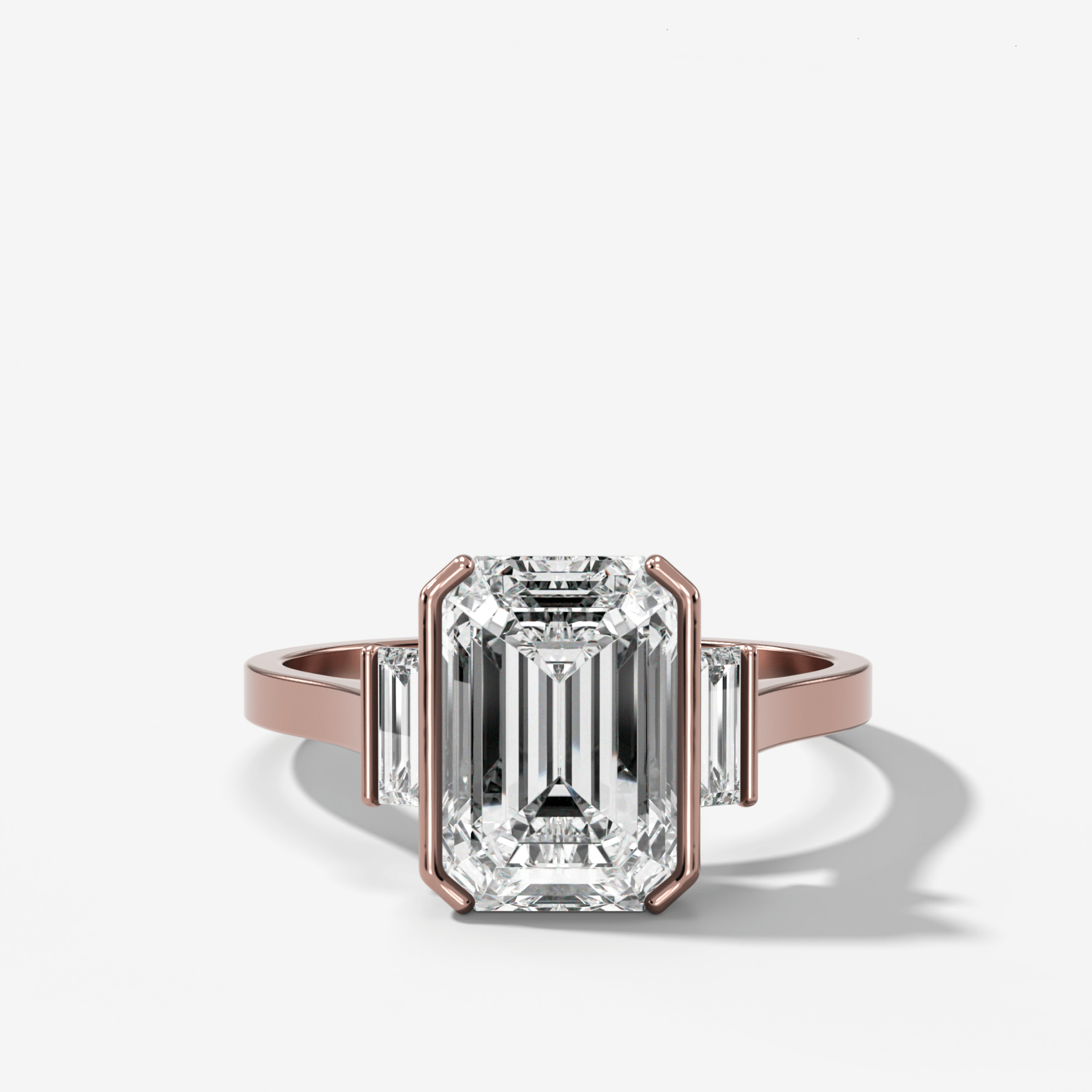 Three Stone Half Bezel Engagement Ring with Mini Baguette Side Stones and Emerald Cut Diamond No.2
