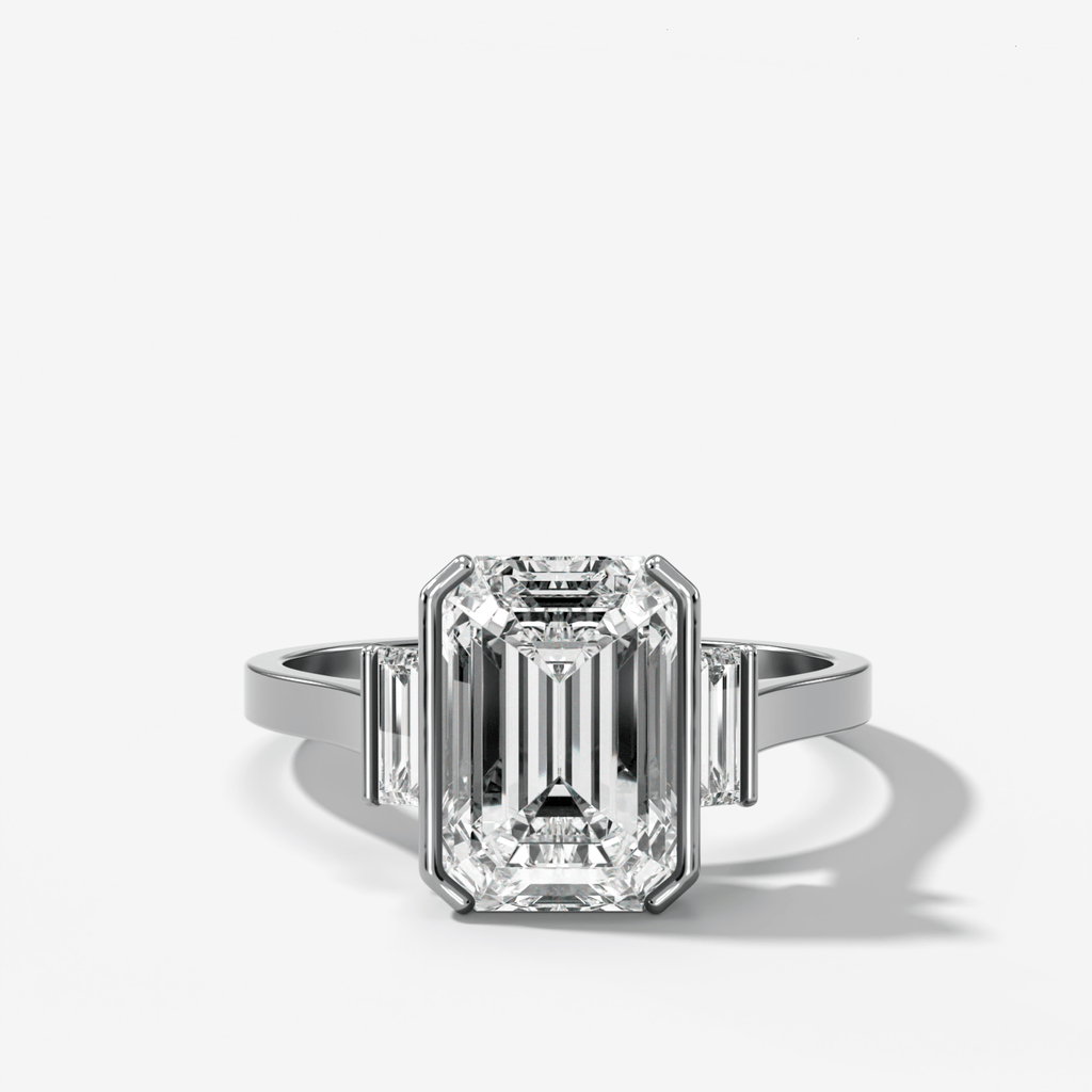 Three Stone Half Bezel Engagement Ring with Mini Baguette Side Stones and Emerald Cut Diamond No.2