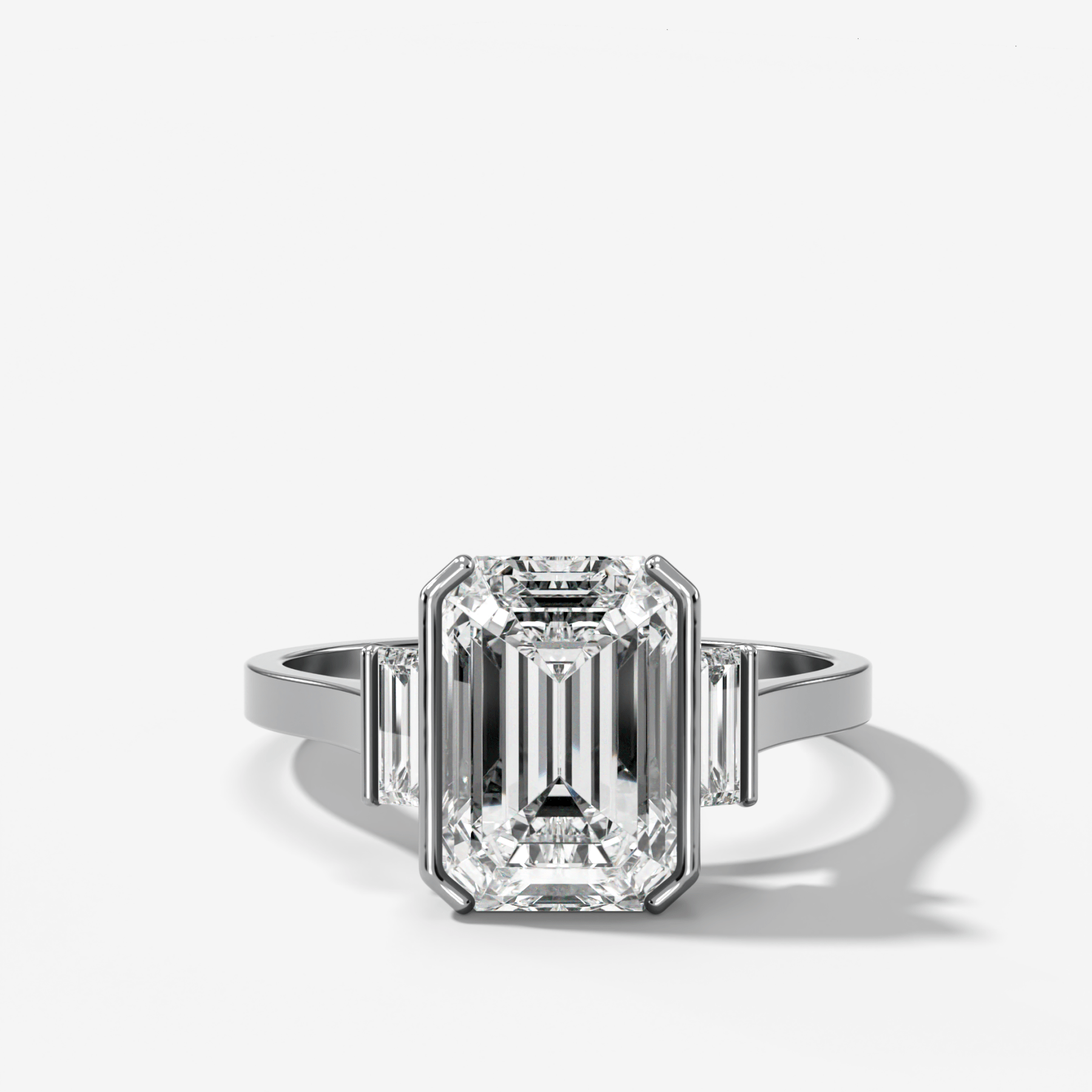Three Stone Half Bezel Engagement Ring with Mini Baguette Side Stones and Emerald Cut Diamond No.2