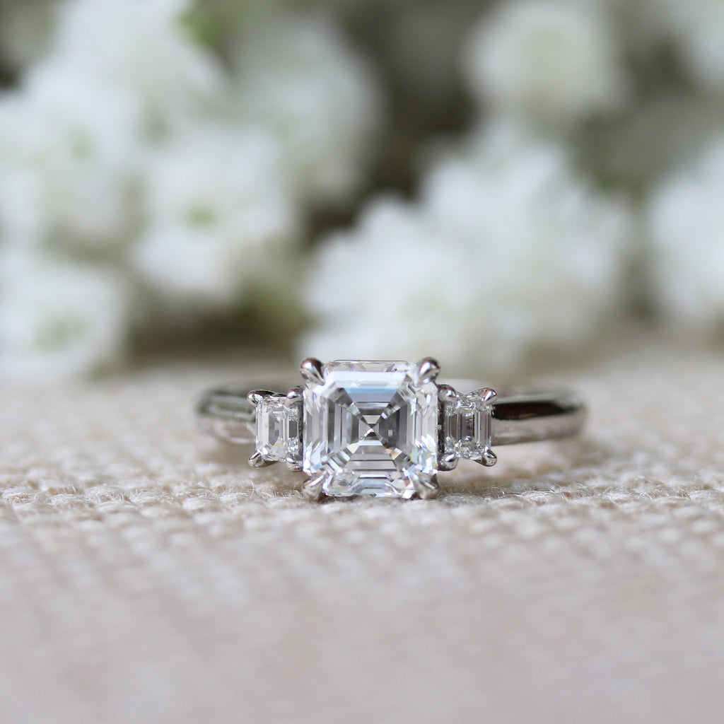 1.0 CT Asscher & Emerald Three Stone Moissanite Engagement Ring