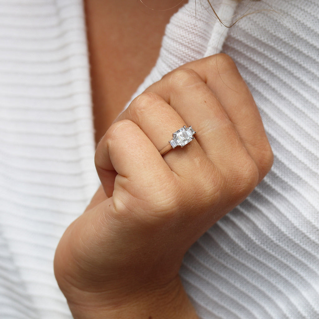 1.0 CT Asscher & Emerald Three Stone Moissanite Engagement Ring