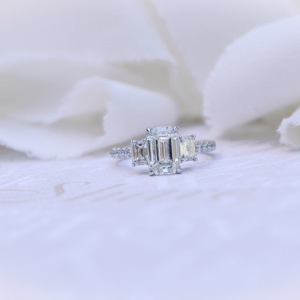 2.75 CT Emerald Moissanite Three Stones Pave Setting Engagement Ring