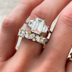 Three Stone Ring with Trapezoid Side Diamonds set with 2.51ct Lab Grown Emerald Cut Diamond