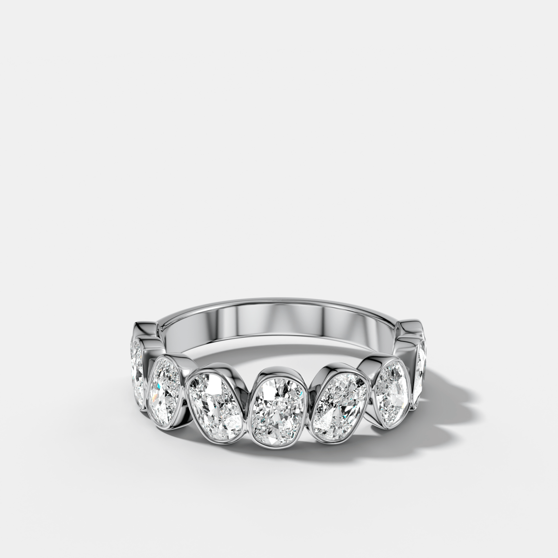 Tilted Bezel Set Wedding Band with Cushion Cuts