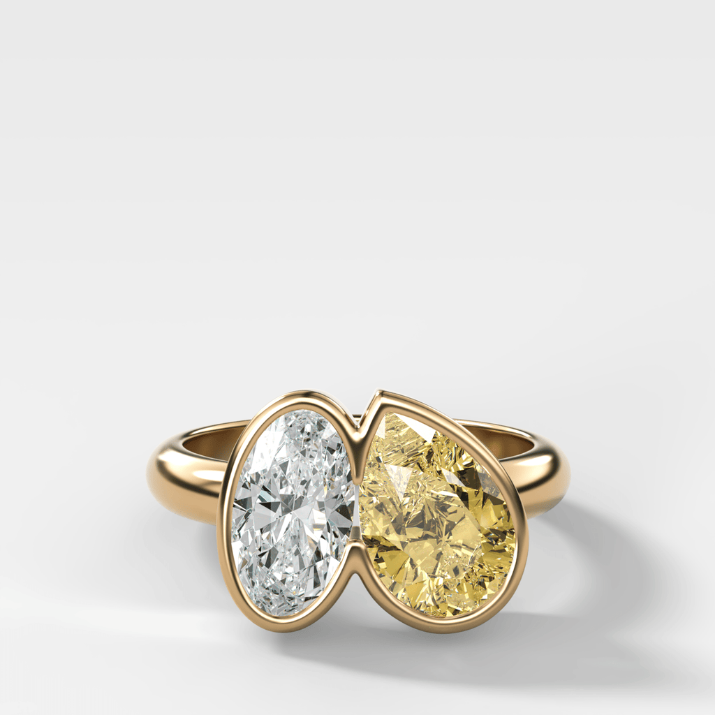 Toi et Moi Bezel Engagement Ring with Moval and Yellow Pear Diamond