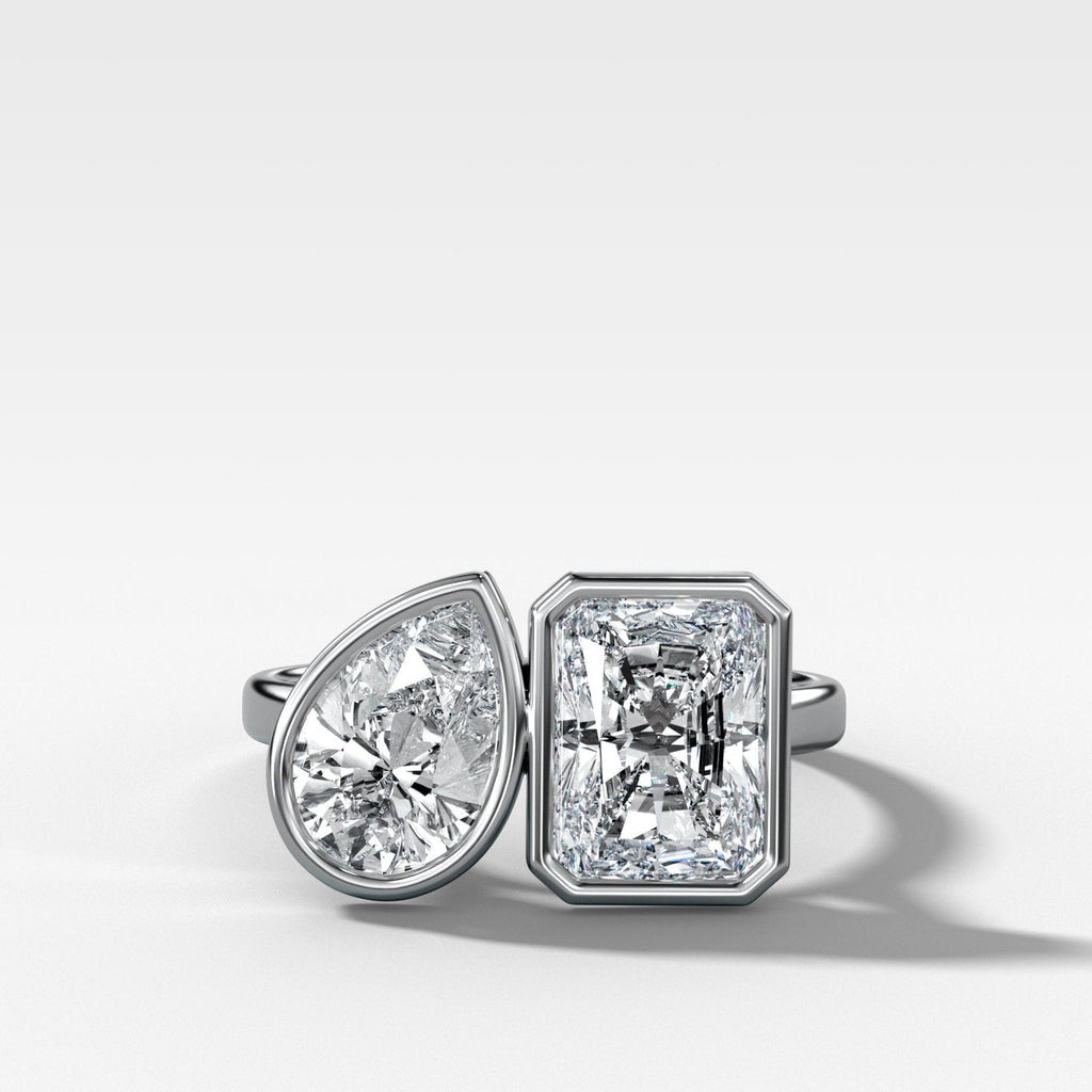 Toi et Moi Bezel Engagement Ring with Pear and Elongated Radiant Cut Diamonds