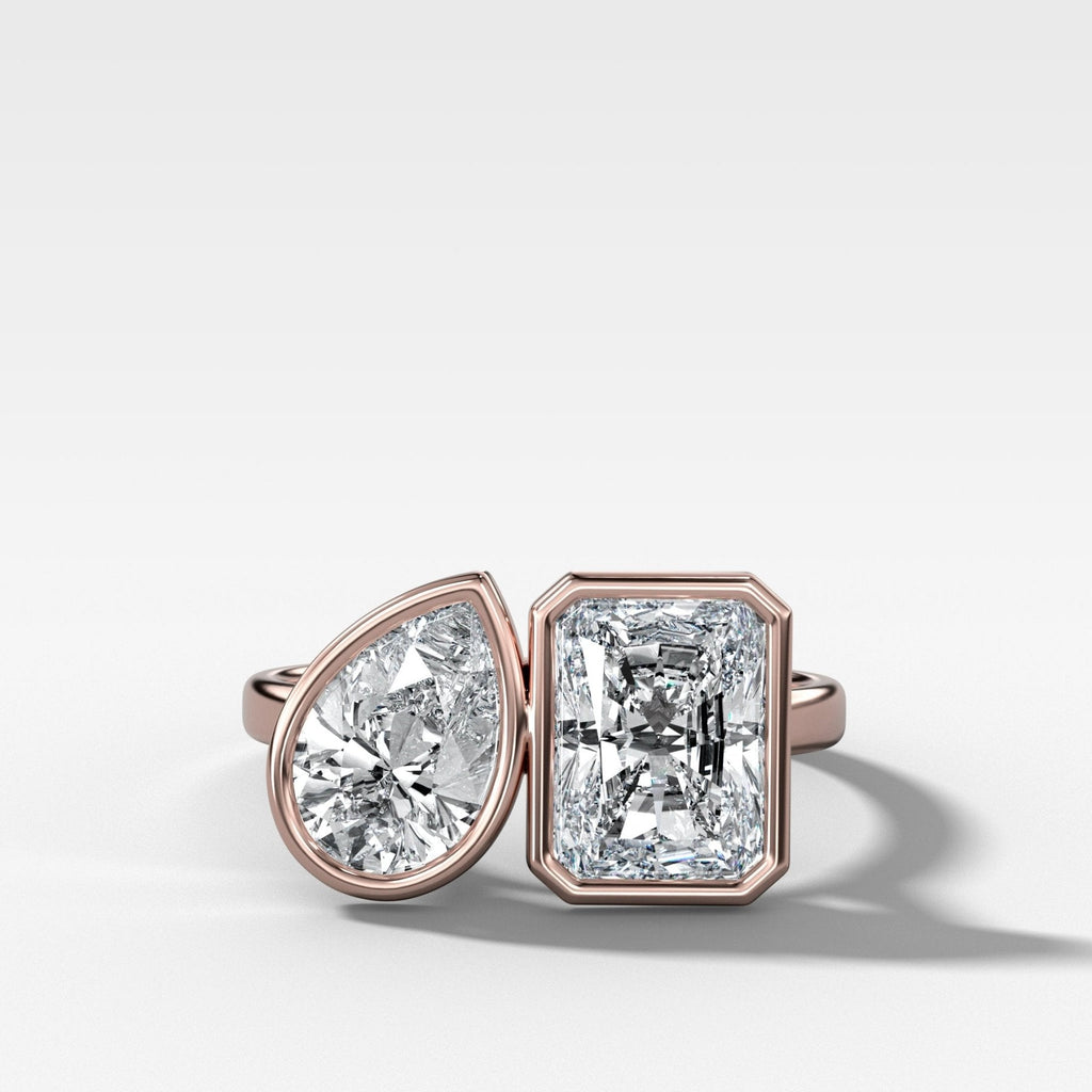 Toi et Moi Bezel Engagement Ring with Pear and Elongated Radiant Cut Diamonds