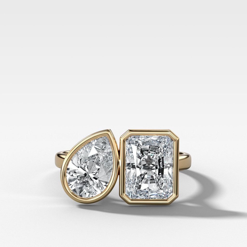Toi et Moi Bezel Engagement Ring with Pear and Elongated Radiant Cut Diamonds