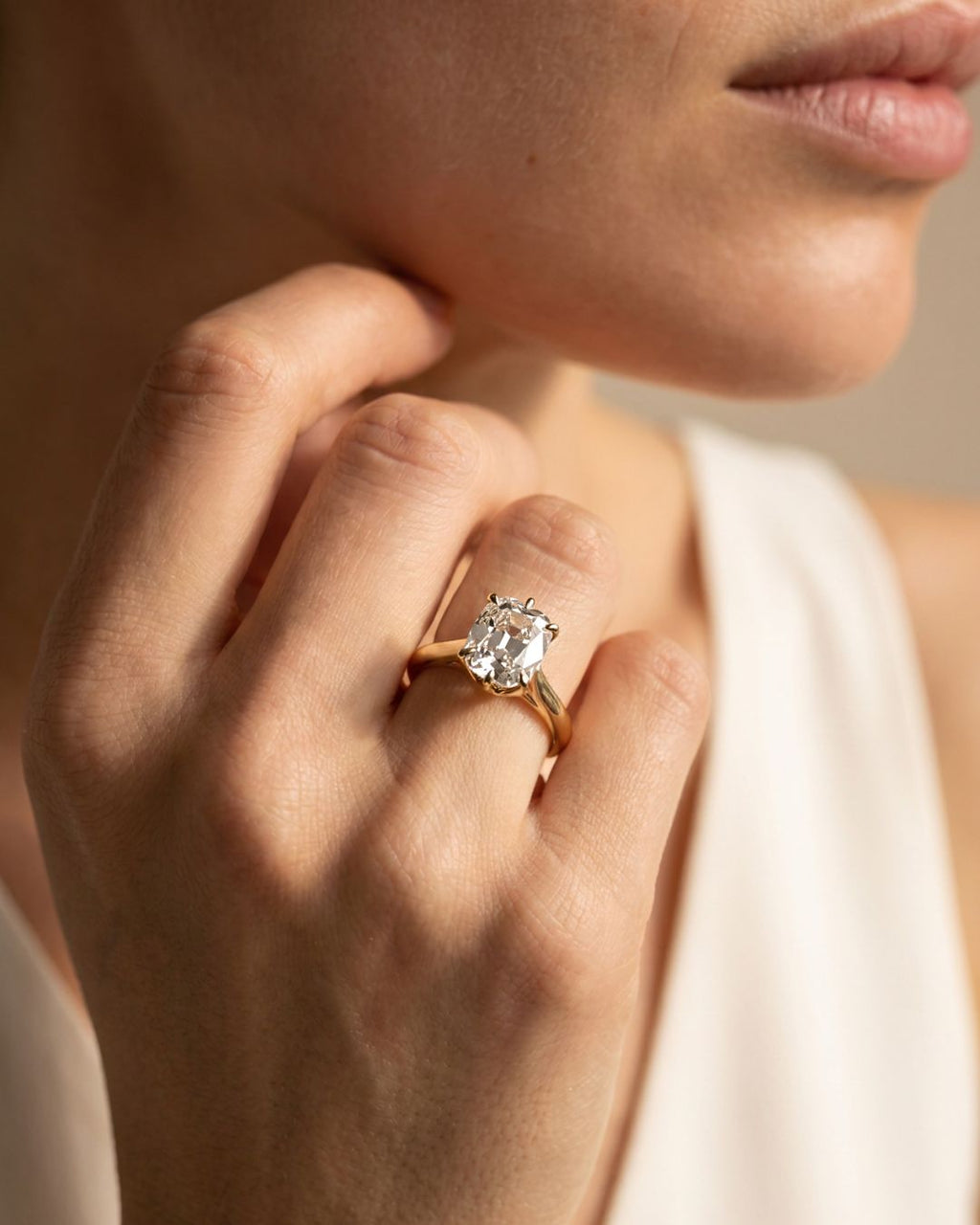 Tulip Basket Cathedral Engagement Ring with Elongated Old Mine Cut Diamond